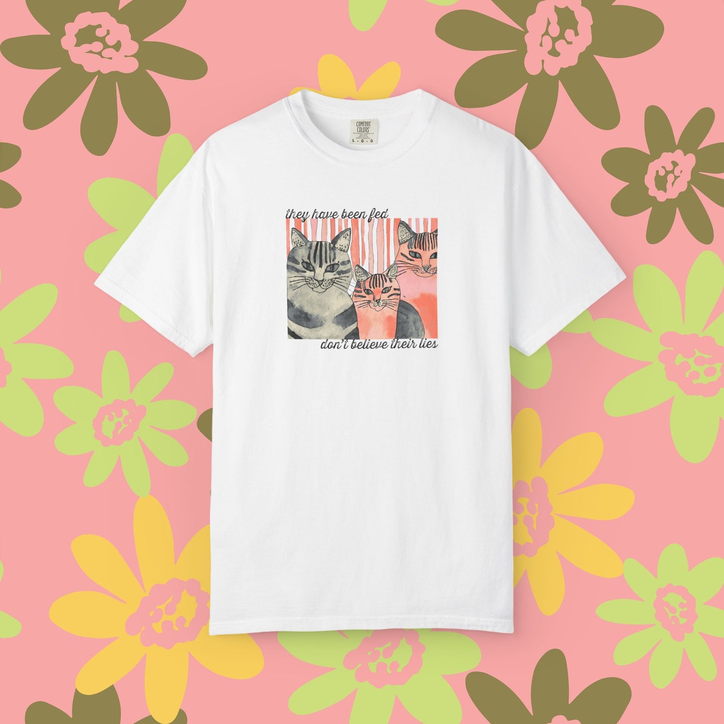 Cat Trio Graphic T-Shirt — "Don't believe their lies, they have been fed." Retro Kitten Tee