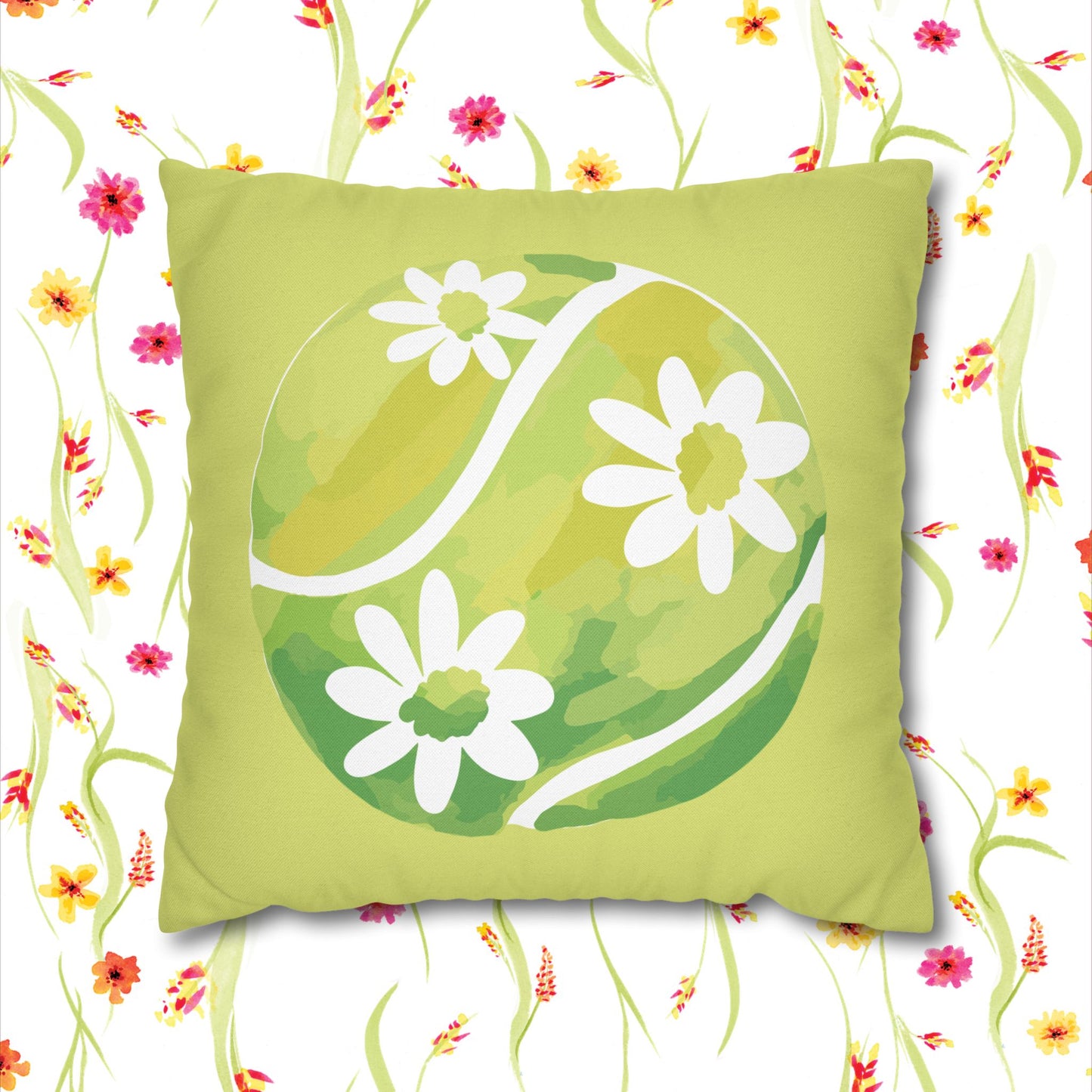 Tennis Ball Daisy Spring Floral Square Pillowcase - Decorative Cushion, Home Decor, Couch Pillow, Gift for Her, Green Leaves Design