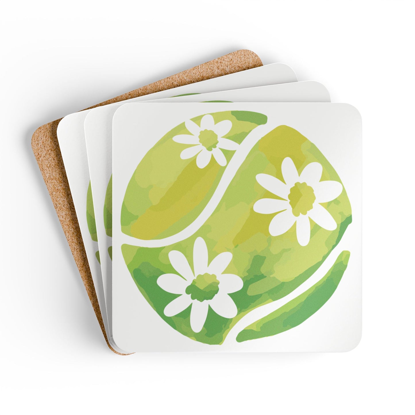 Tennis Ball Floral Eco-Friendly Floral Cork Coaster Set | Perfect for Home Decor, Housewarming Gift, Summer Parties, Eco-Conscious Living, Set of Four