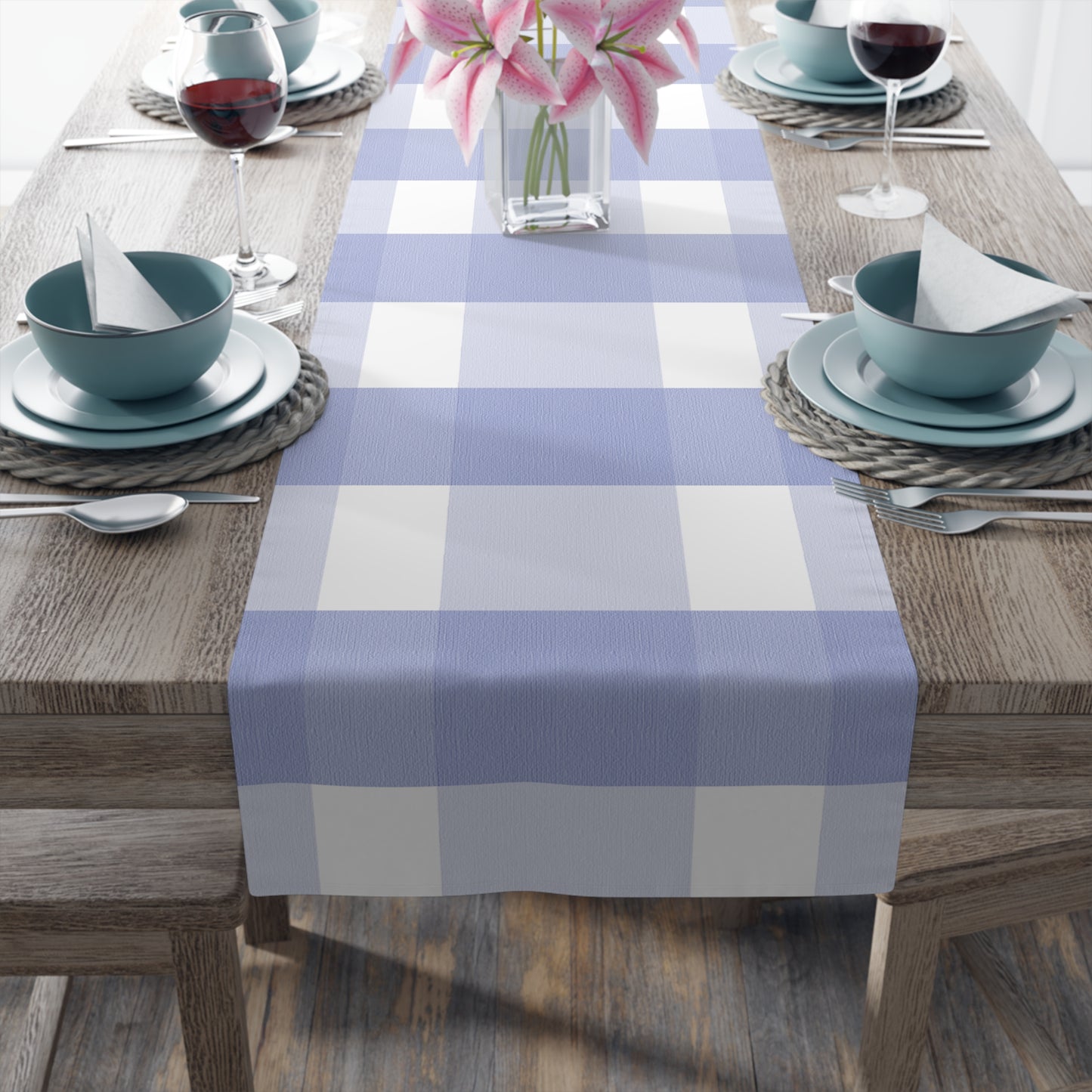 Charming Periwinkle Blue Gingham Table Runner, Casual Yet Elegant, Old School Vibe with Modern Large Scale Design