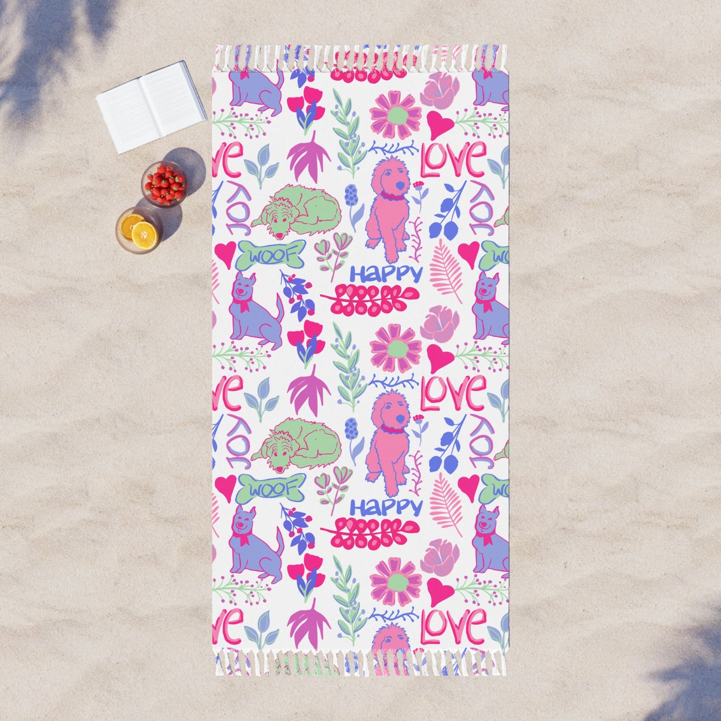 Boho Beach Towel — Cute Pastel Dogs “Love” Pattern