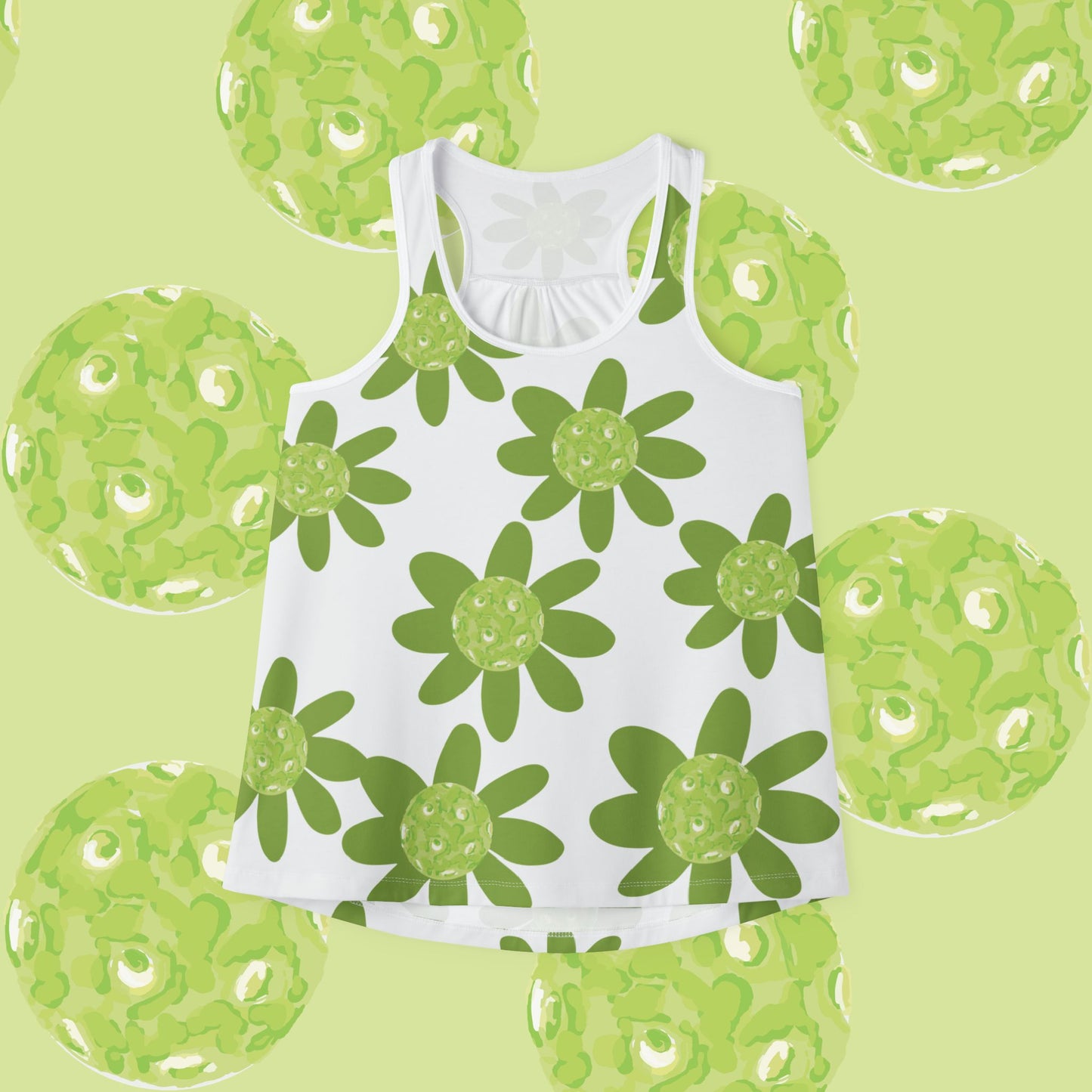 Green Pickleball Daisy Floral Women's Tank Top, Summer Shirt, Beachwear, Casual Outing, Spring Style, Gift for Her, Boho Chic