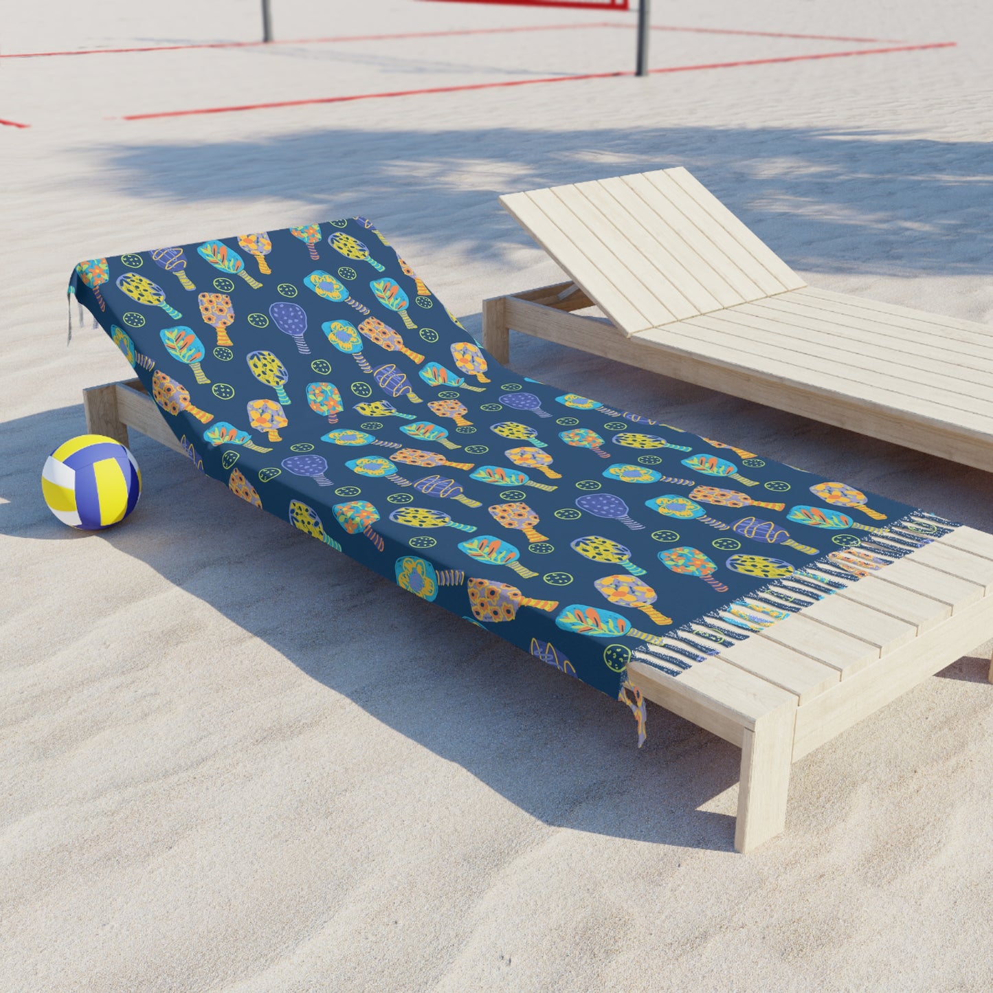 Boho Beach Towel – Hand-Drawn Pickleball Pattern, Tropical Summer Throw