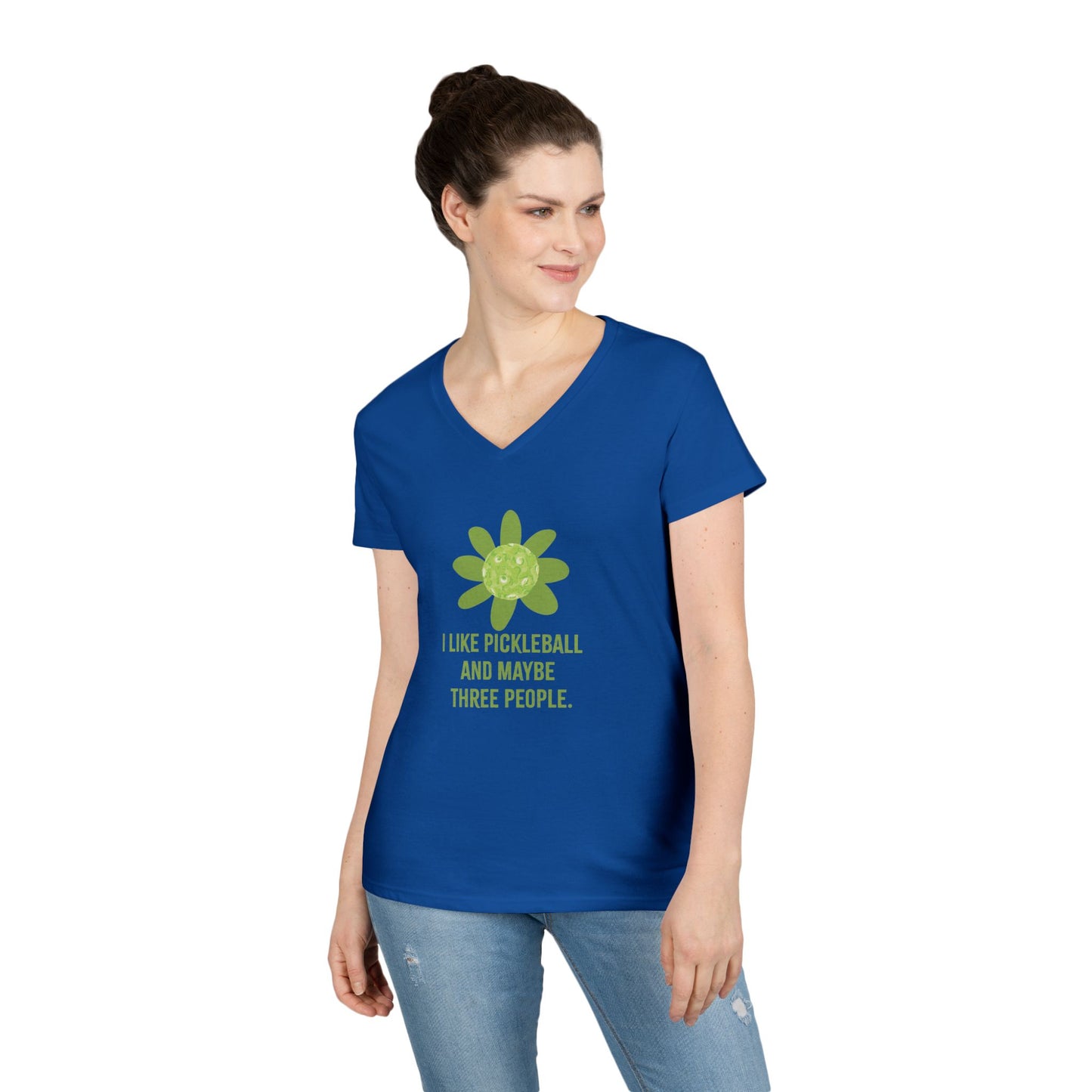 "I like Pickleball and Maybe three People" Humourous Whimsical V-Neck Tee, Fun T-Shirt for Pickleball Lovers , Gift for Friends, Eco-Friendly Apparel, Casual Wear