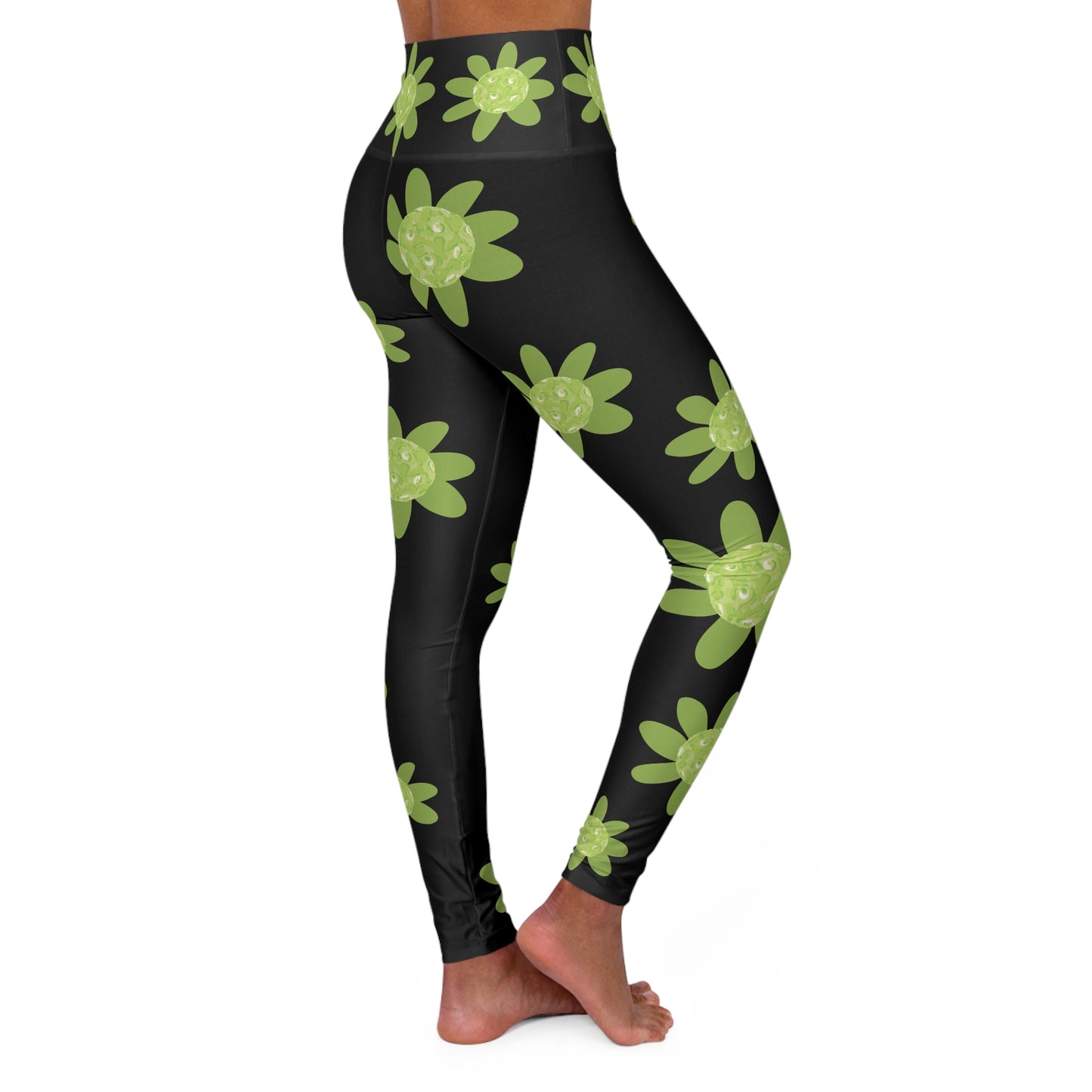 Black Leggings with Green Pickleball Daisy Design, Floral High-Waisted Yoga Leggings, Comfortable Activewear, Flower Print Leggings, Fitness Fashion, Gym Essentials, Yoga Apparel