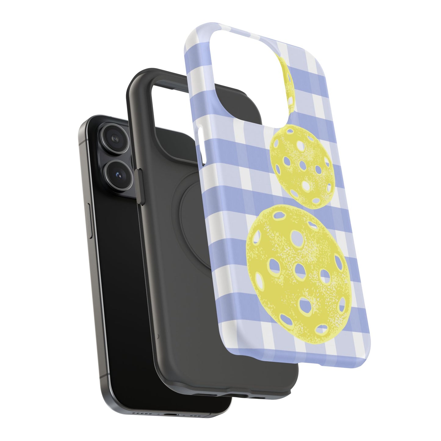 Pickleball Pattern Phone Case — Yellow Pickleball on Blue Gingham Impact Case