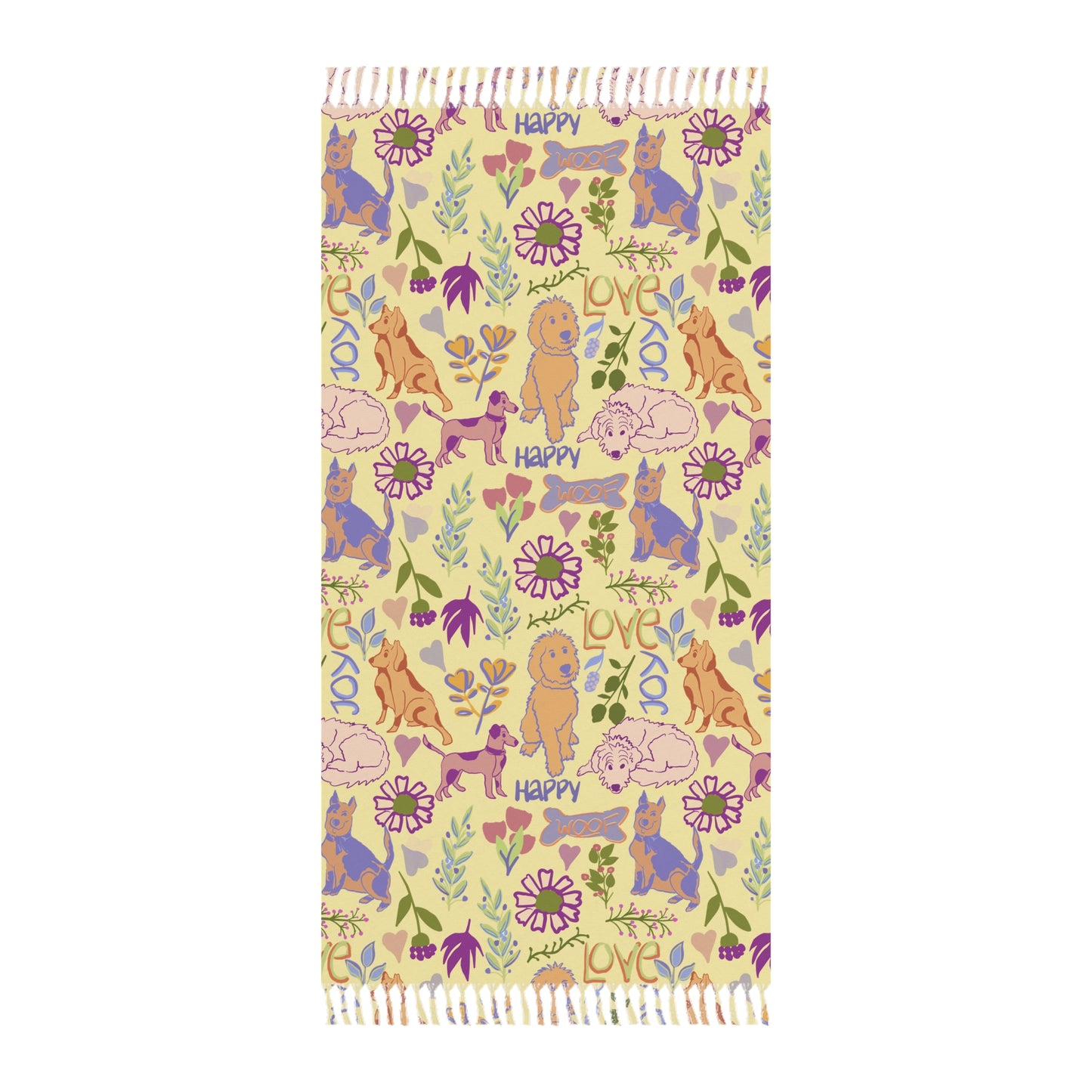 Boho Beach Cloth Towel — Vintage Floral & Dogs 'Happy' Pattern