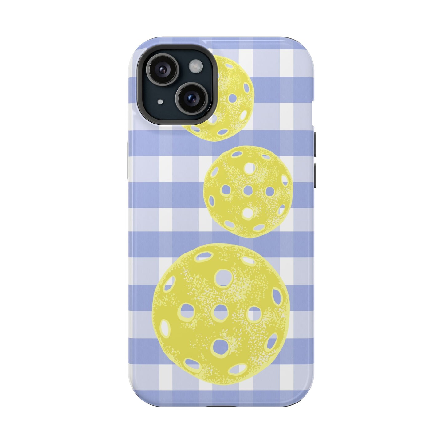 Pickleball Pattern Phone Case — Yellow Pickleball on Blue Gingham Impact Case