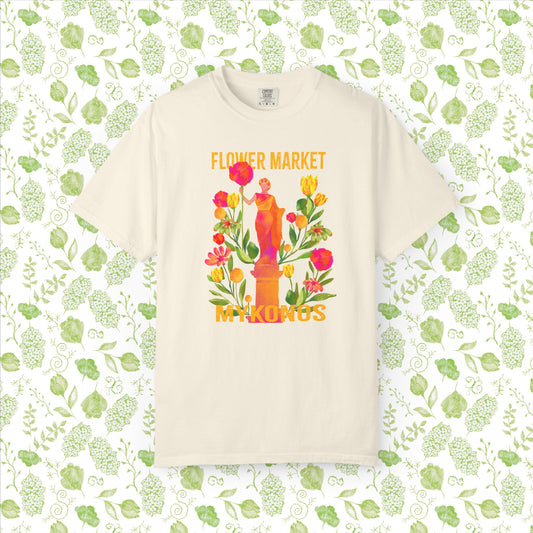 Greek Isle Mykonos Floral Market T-Shirt | Summer Vibes, Eco-Friendly Apparel, Casual Wear, Gift for Her, Bohemian Style