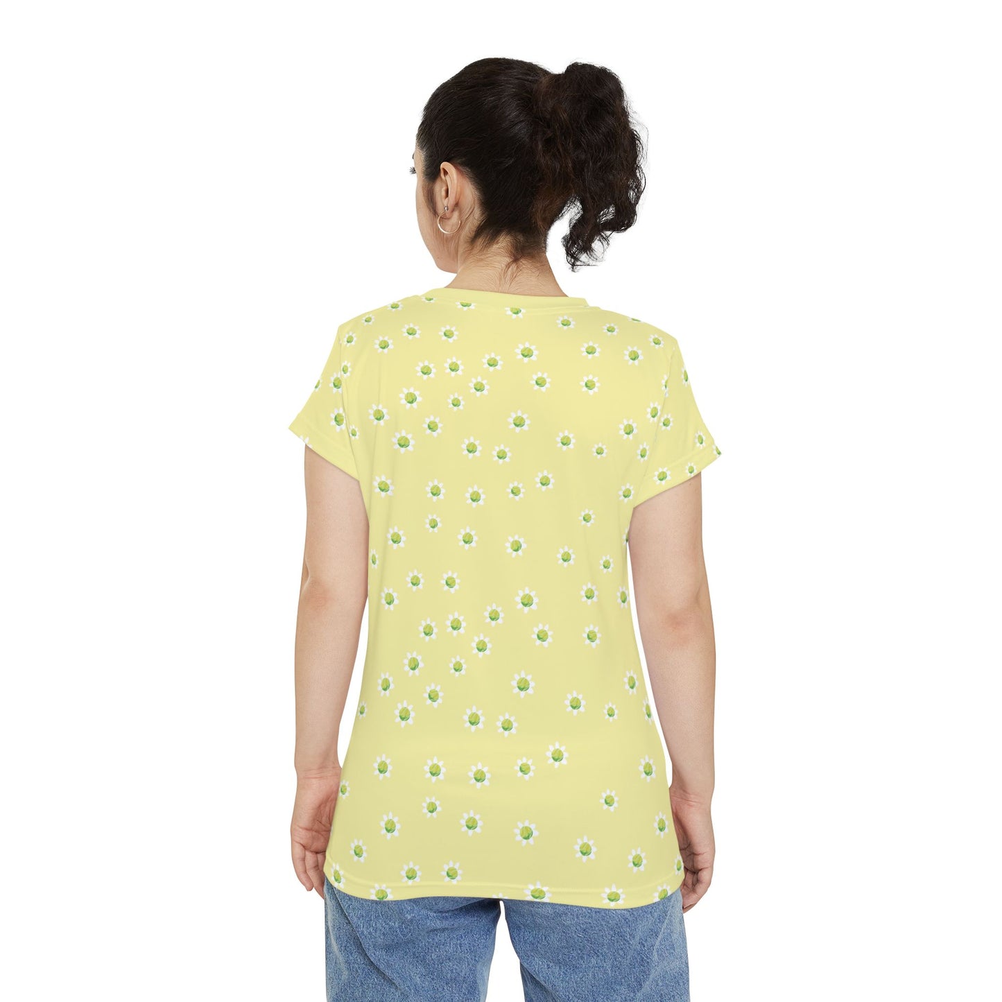 Daisy Tennis Ball Dainty Print Women's Tee — Pastel Yellow Floral Short Sleeve Shirt