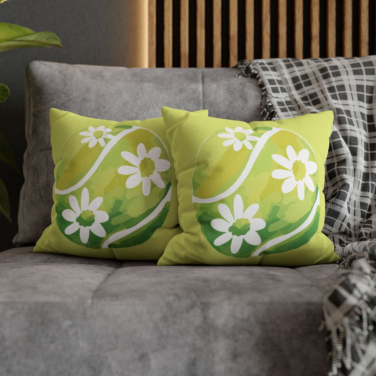 Tennis Ball Daisy Spring Floral Square Pillowcase - Decorative Cushion, Home Decor, Couch Pillow, Gift for Her, Green Leaves Design