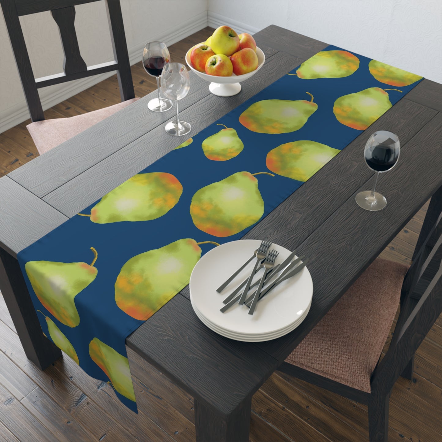 Charming Pear Pattern Table Runner in dark blue and lively pear green.