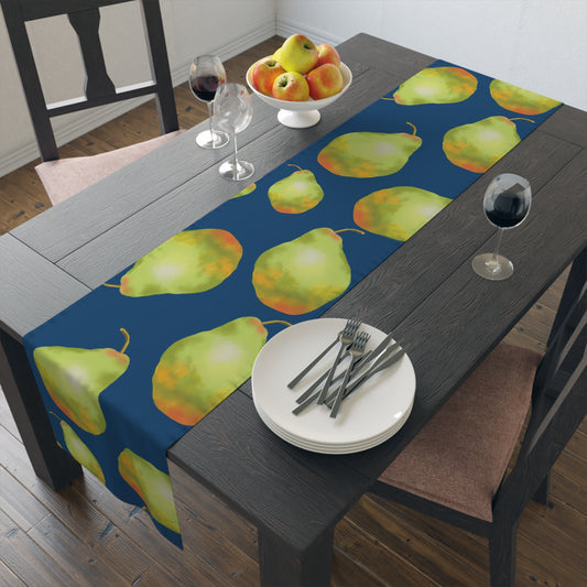 Charming Pear Pattern Table Runner in dark blue and lively pear green.
