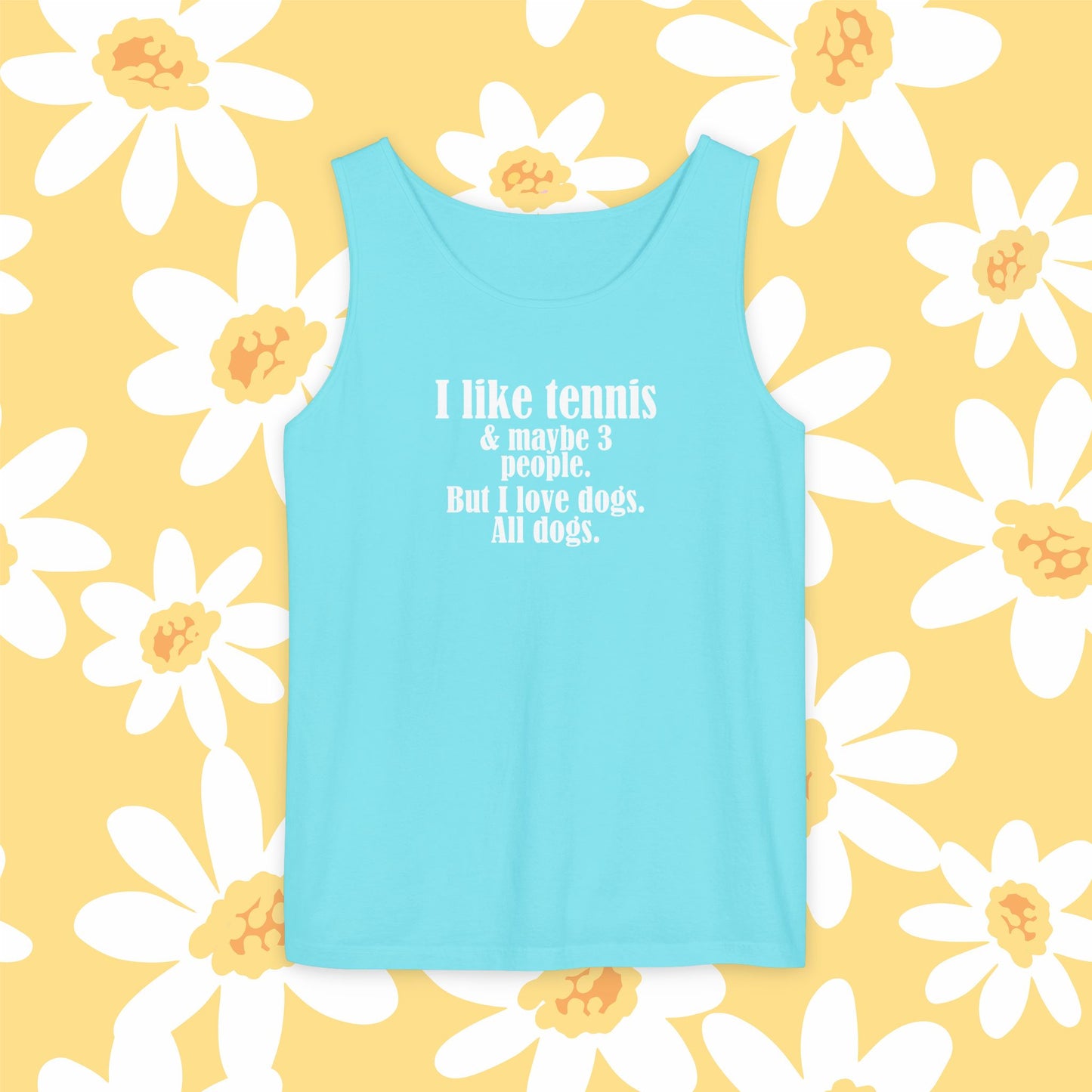 "I like tennis & maybe 3 people. But I love dogs. All Dogs" Dog-Loving Tennis Unisex Tank Top, Casual Summer Wear, Gift for Dog Owners, Funny Summer Tank, Pet Lover Apparel