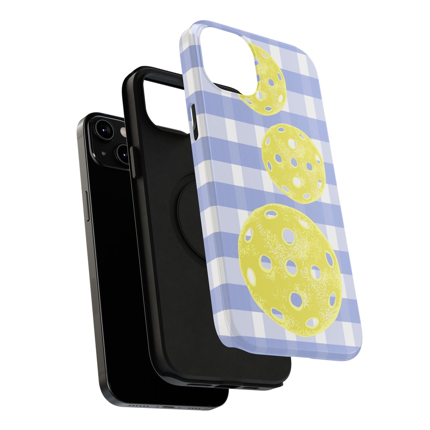 Pickleball Pattern Phone Case — Yellow Pickleball on Blue Gingham Impact Case