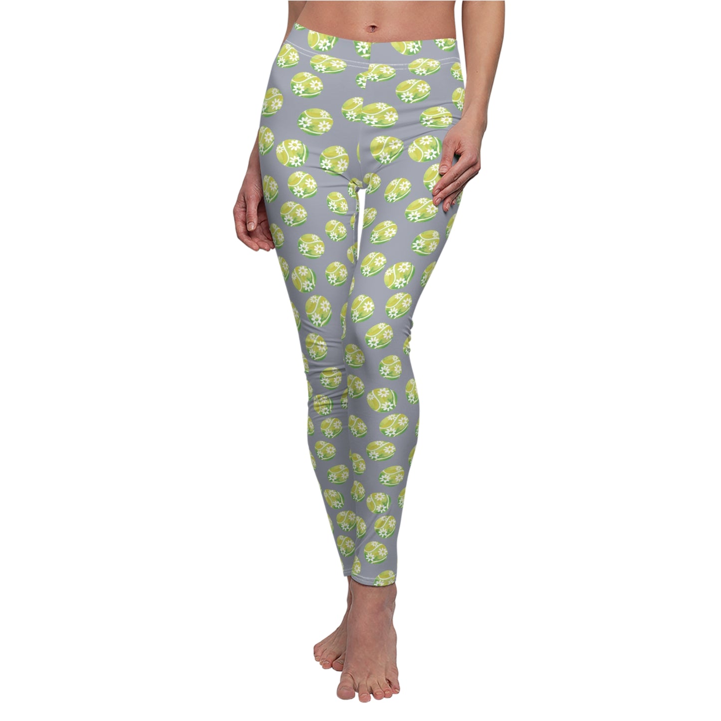Green Daisy Tennis Ball Pattern Leggings — Casual Women's All-Over Print
