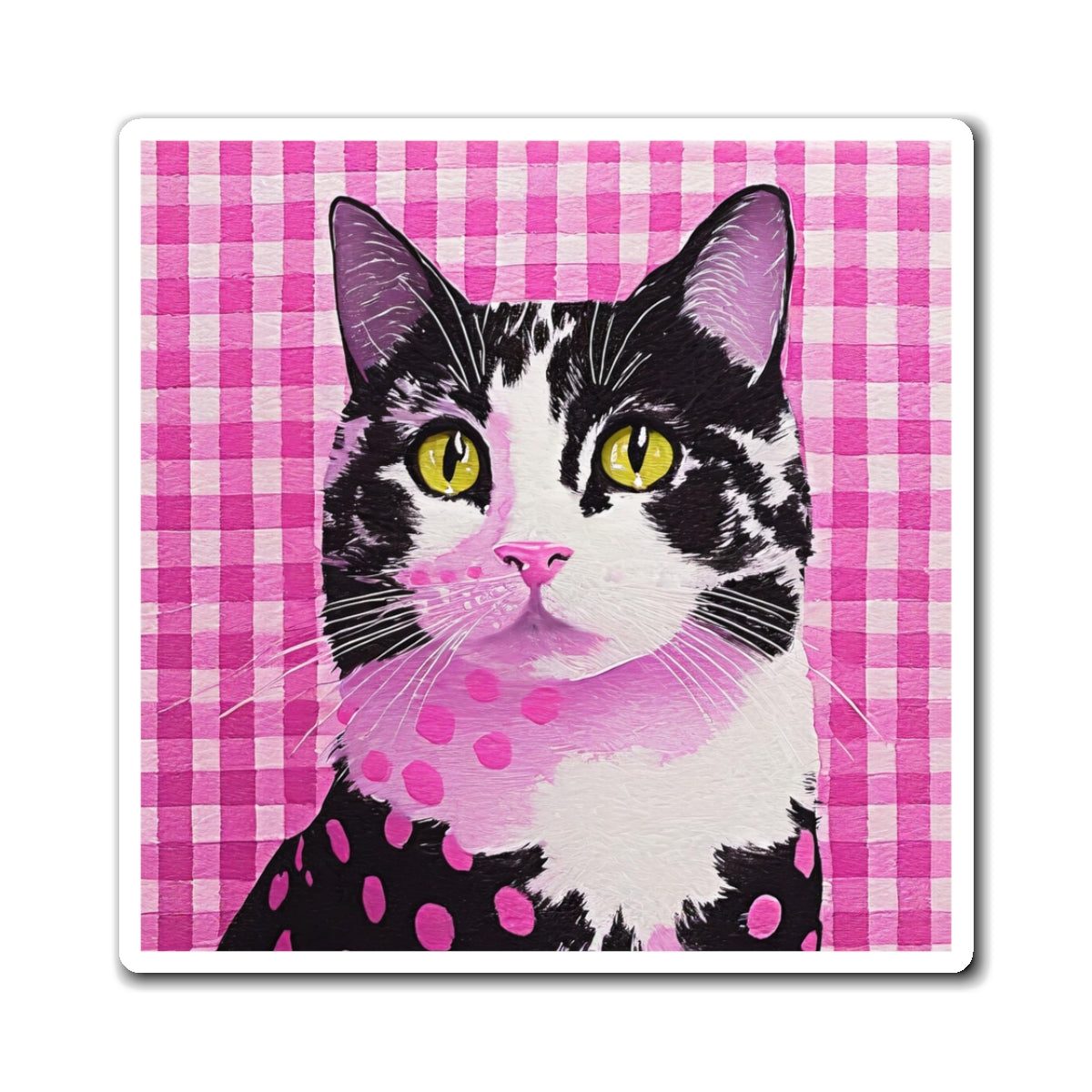 Charming Cat Magnet - Whimsical Pet Decor, Cute Kitchen Accessory, Gifts for Cat Lovers, Pink Gingham Style, Fun Home Decoration