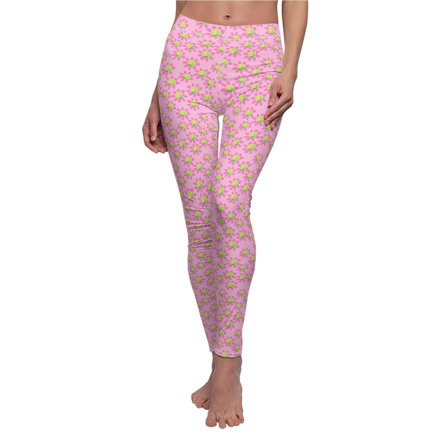 Pink Daisy Tennis Ball Floral Leggings — Women's Casual Spring Flower Print Leggings
