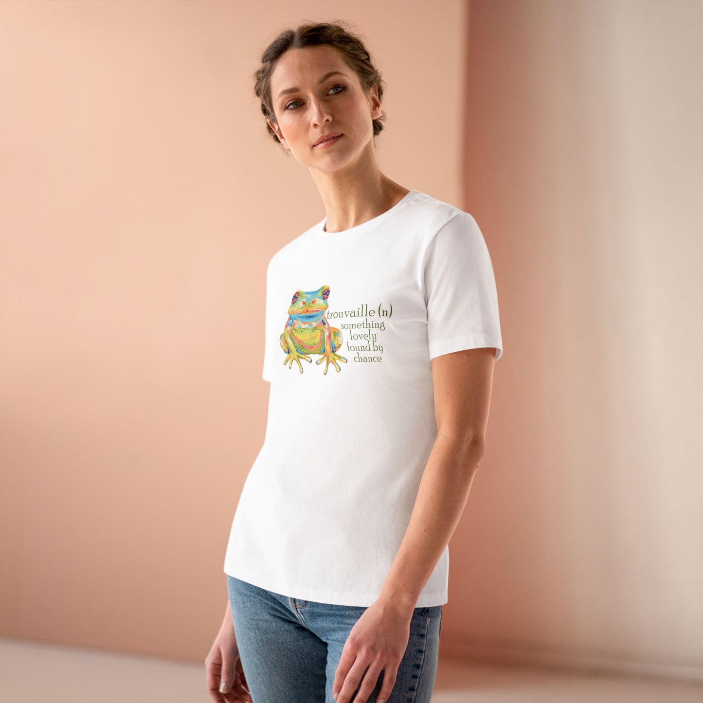 "Trouvaille" Something Lovely Found by Chance French Frog Tee — Women's Cotton T‑Shirt with Colorful Frog Art