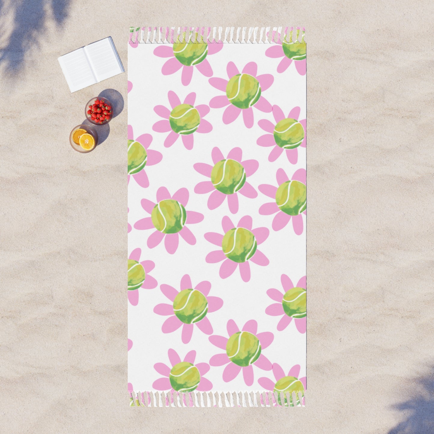 Boho Tennis Floral Beach Towel - Pink & Green Daisy Pattern, Lightweight Beach Cloth