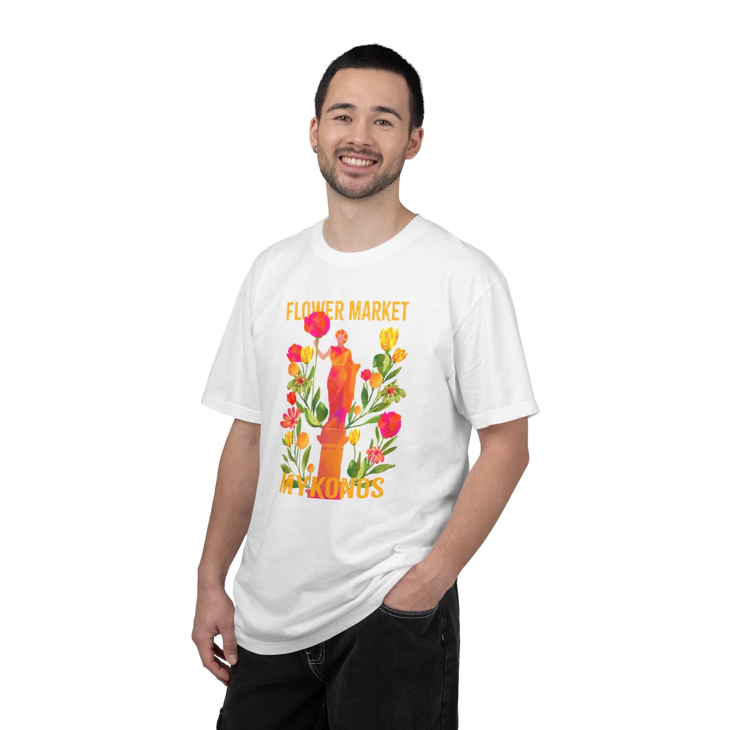 Greek Isle Mykonos Floral Market T-Shirt | Summer Vibes, Eco-Friendly Apparel, Casual Wear, Gift for Her, Bohemian Style