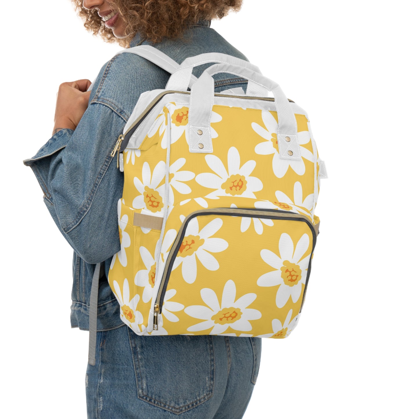 Yellow Daisy Floral Diaper Backpack, Baby Shower Gift, Toddler Bag, Modern Mom Backpack, Functional Baby Gear, Summer Accessory