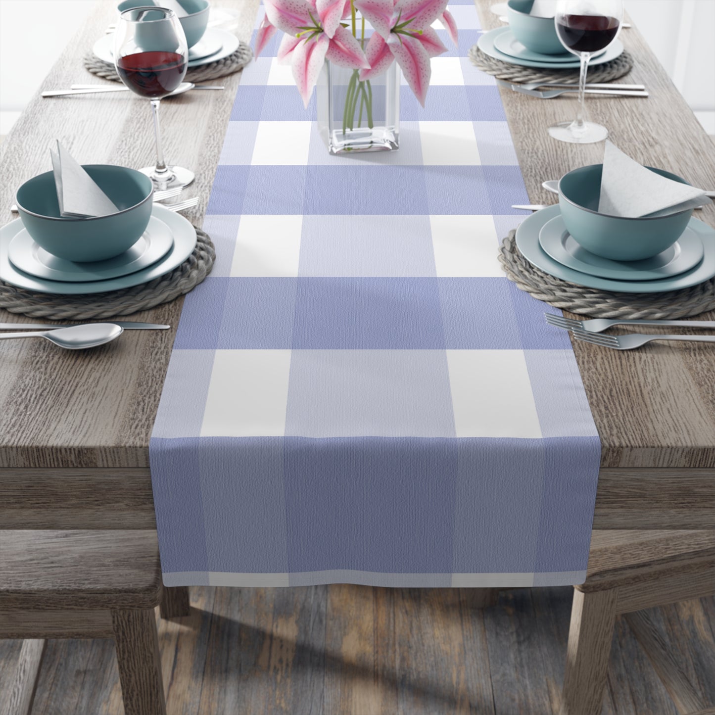 Charming Periwinkle Blue Gingham Table Runner, Casual Yet Elegant, Old School Vibe with Modern Large Scale Design