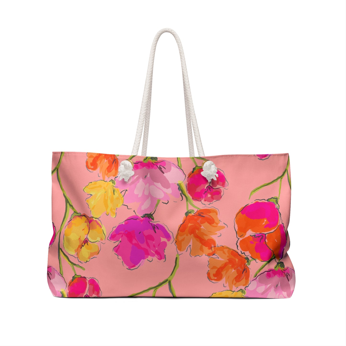 Floral Pink Weekender Bag — Bright Watercolor Flowers Travel Tote