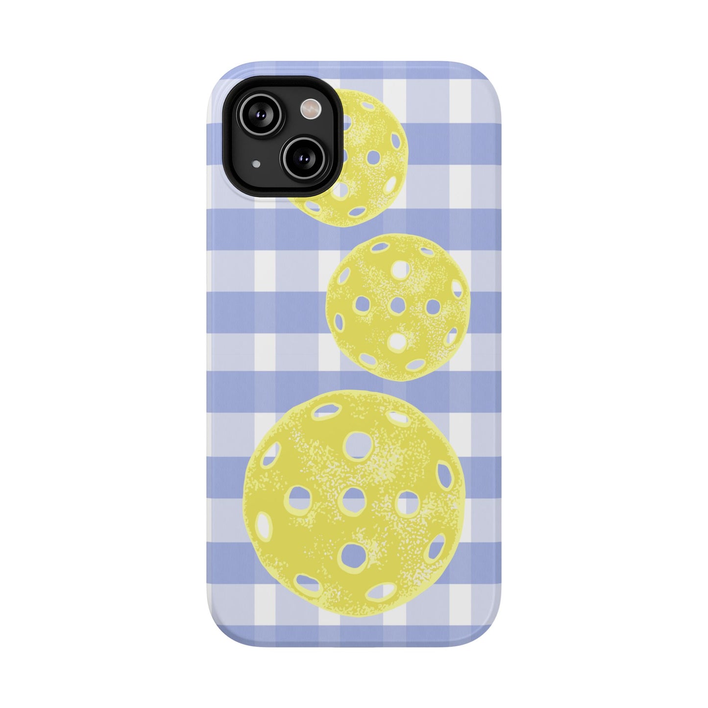 Pickleball Pattern Phone Case — Yellow Pickleball on Blue Gingham Impact Case