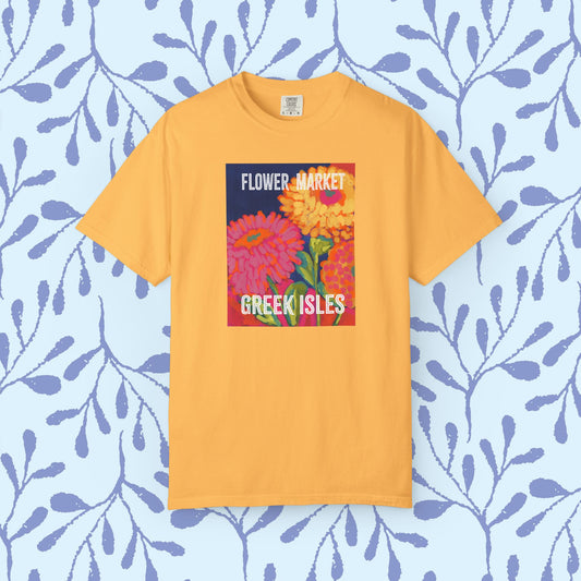 Vibrant Floral Market Tee, Flower Market T-Shirt, Greek Isles Apparel, Gift for Garden Lovers, Summer Wardrobe Essential
