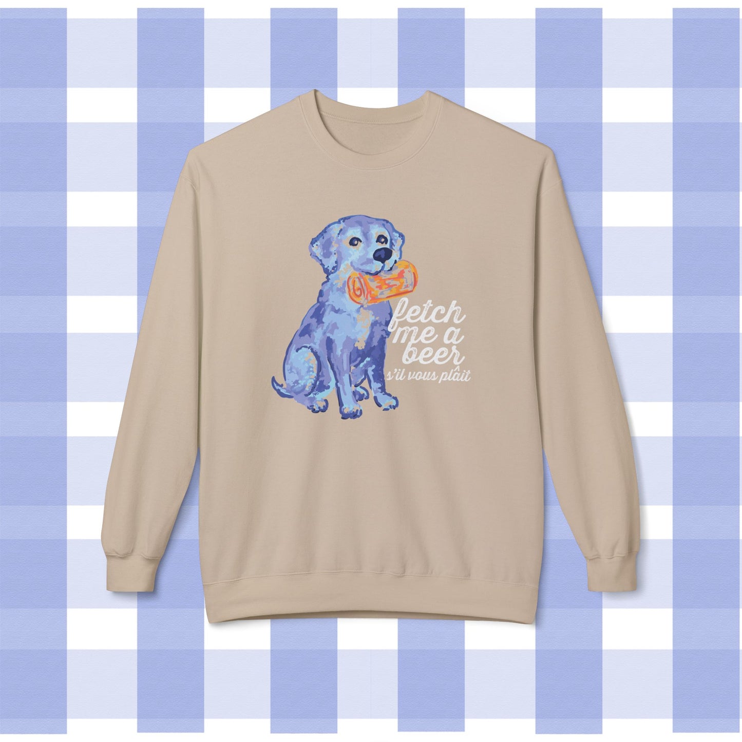 Crewneck Sweatshirt — Blue Watercolor Retriever with 'Fetch Me a Beer' "S'il Vous Plait" Text
