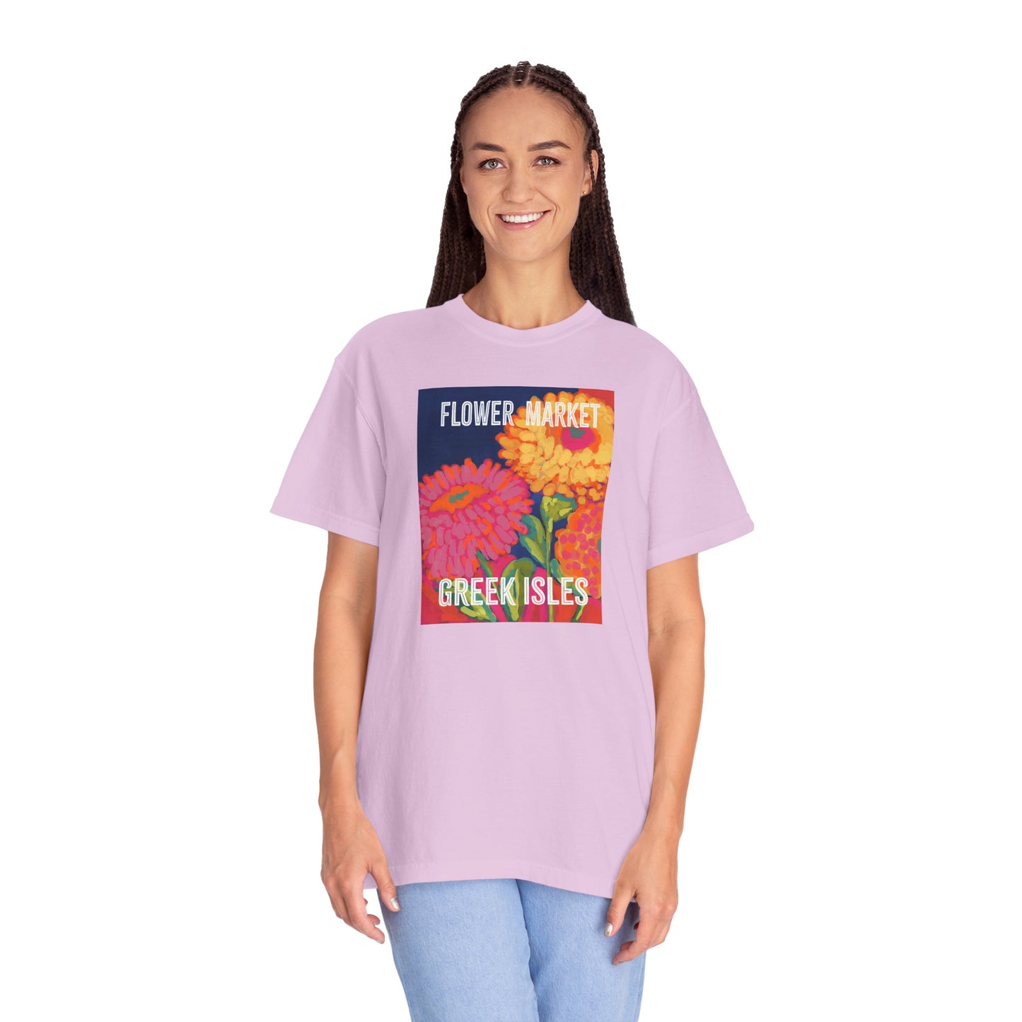 Vibrant Floral Market Tee, Flower Market T-Shirt, Greek Isles Apparel, Gift for Garden Lovers, Summer Wardrobe Essential