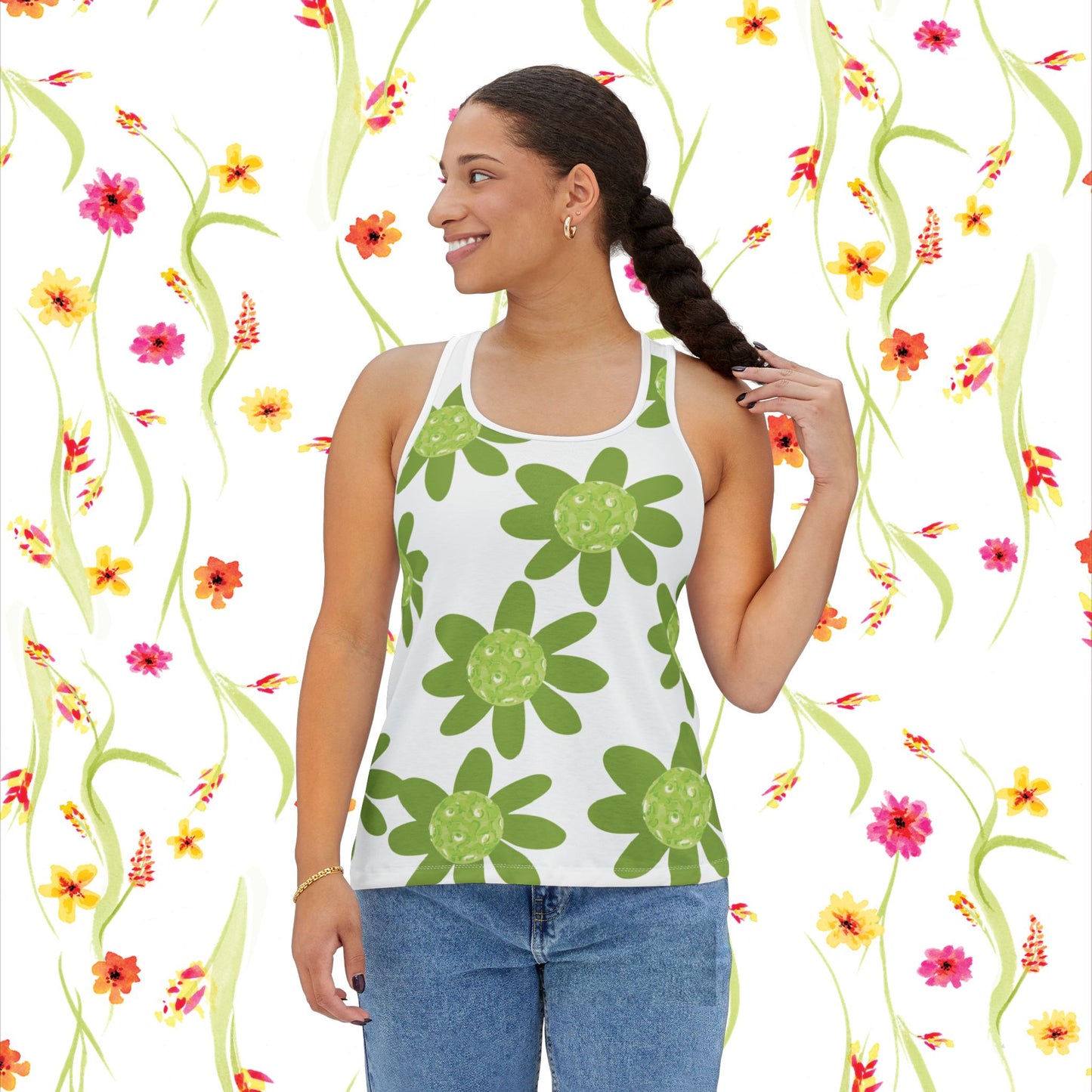 Green Pickleball Daisy Floral Women's Tank Top, Summer Shirt, Beachwear, Casual Outing, Spring Style, Gift for Her, Boho Chic