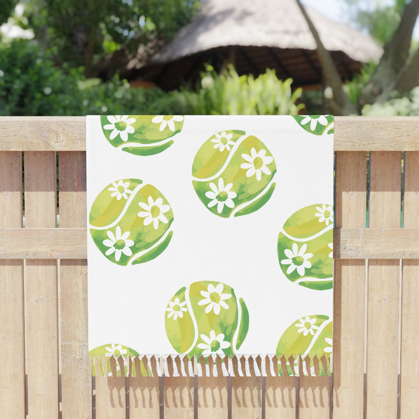 Boho Floral Beach Towel – Green Daisy Tennis Ball Pattern, Lightweight Fringe Turkish Towel