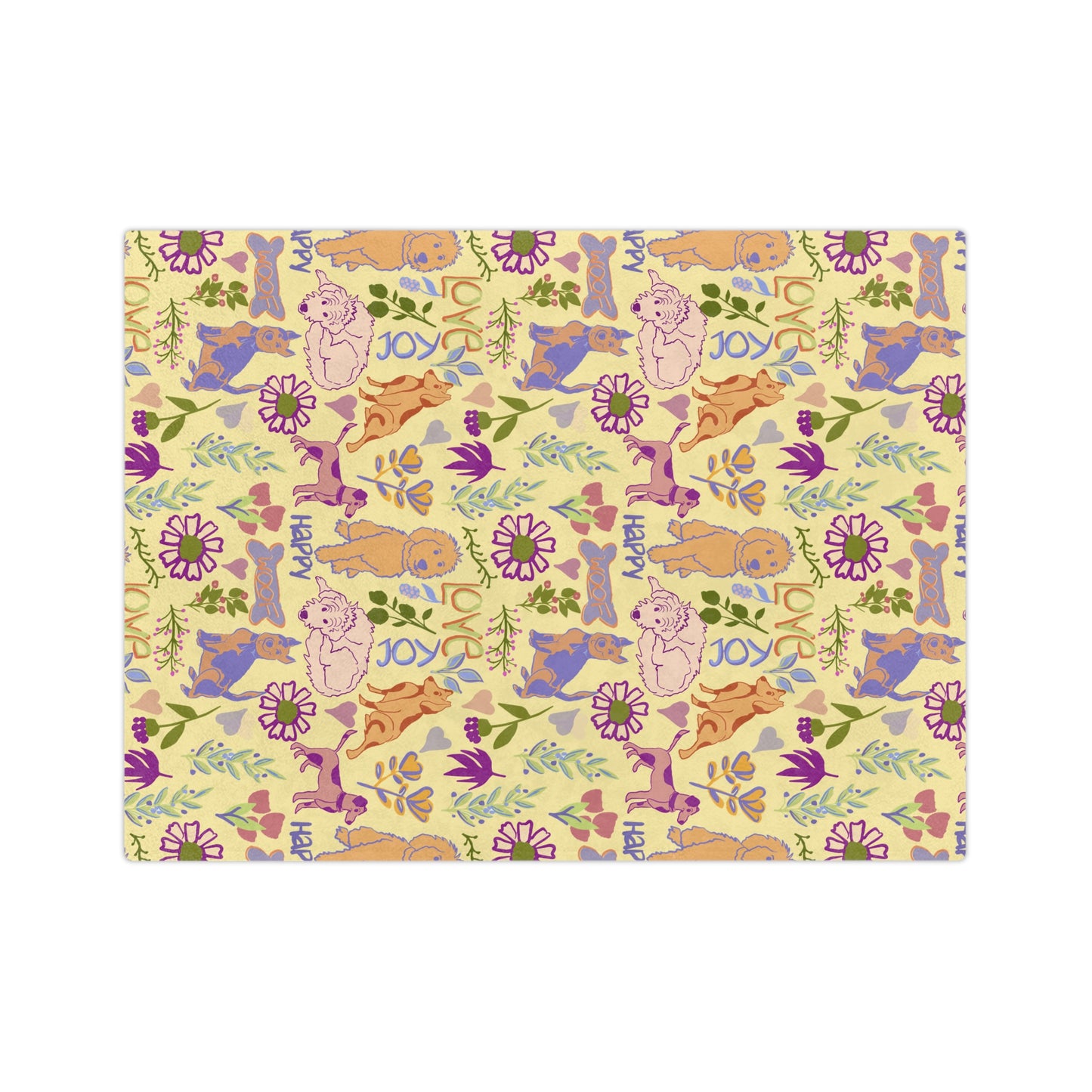 Dog Pattern Velveteen Microfiber Blanket — Cute Puppies, 'Love' & 'Happy' Floral Throw