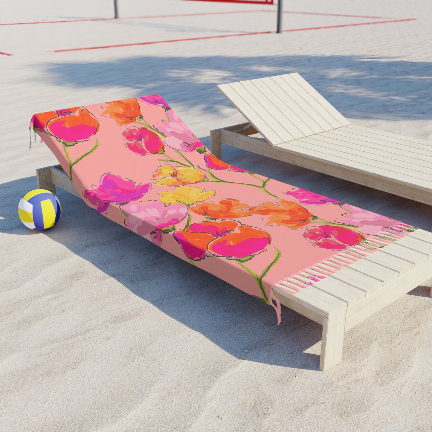 Boho Floral Beach Towel — Pink Watercolor Floral Fringe Towel