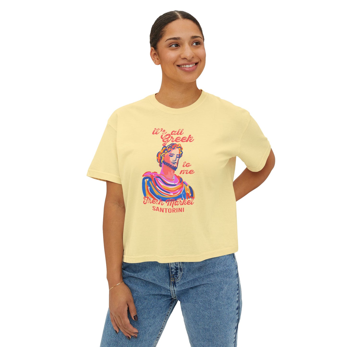 Women's Boxy Tee, Greek Market Santorini T-Shirt, Vacation Souvenir Tee, Cute Casual Top, Fun Graphic Tee, Gift for Travelers