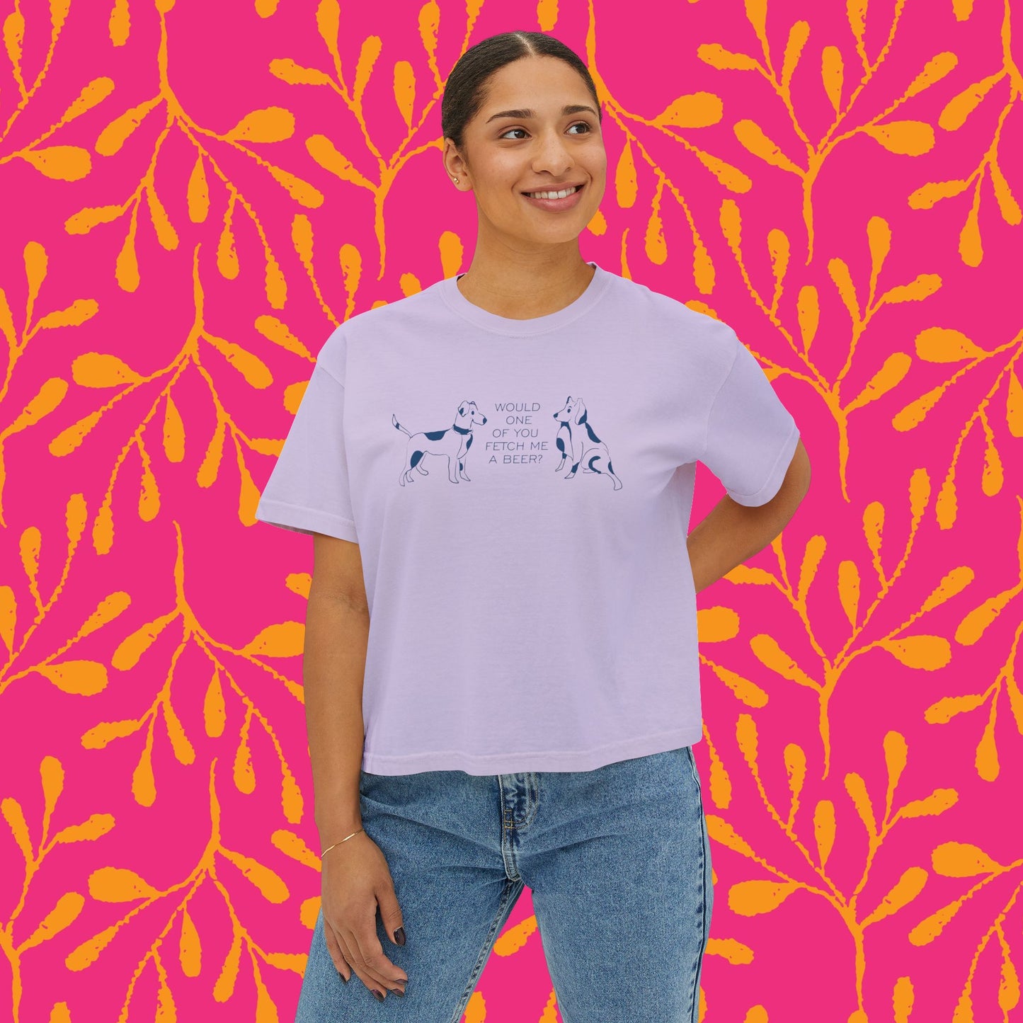 FETCH ME A BEER!  Playful Dog Lover's Boxy Tee, Cute Dog Graphic T-Shirt, Women's Casual Shirt, Gift for Pet Owners, Animal Lover's Apparel