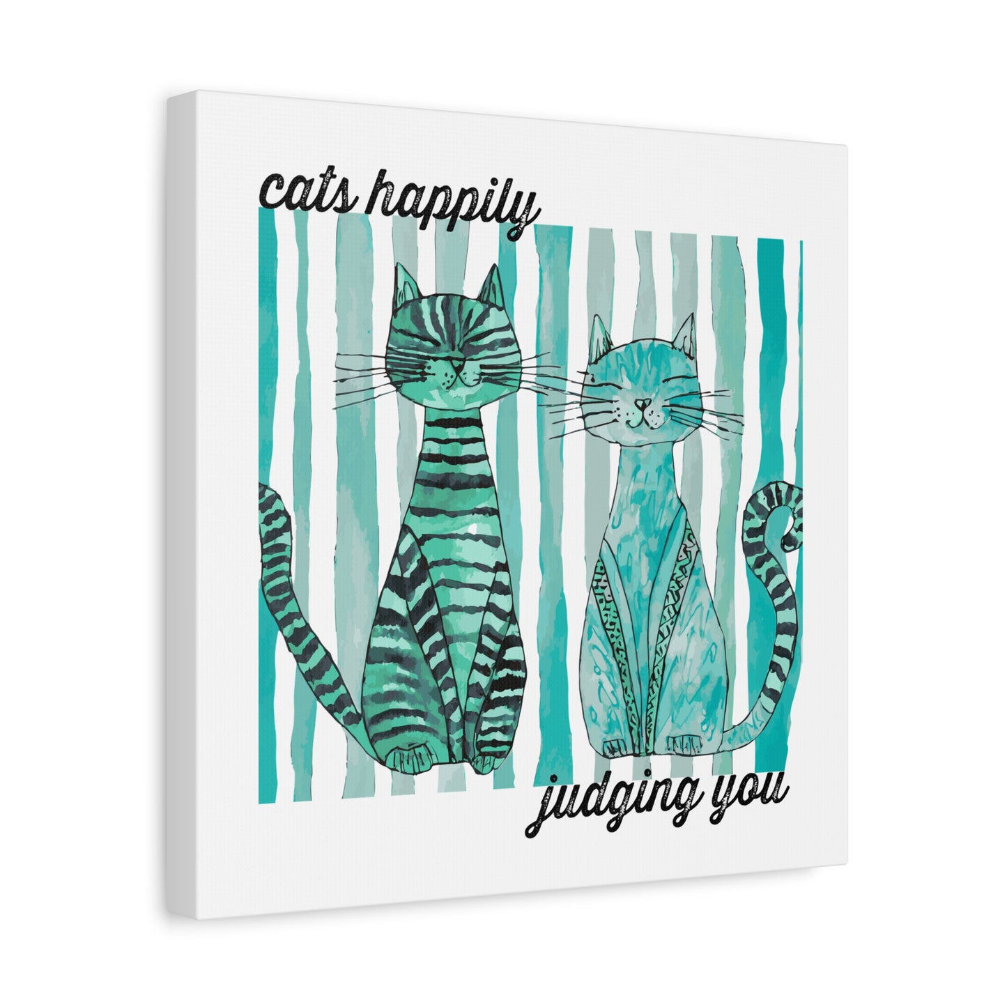 Cats Happily Judging You Canvas Art — Whimsical Teal Cat Wall Decor