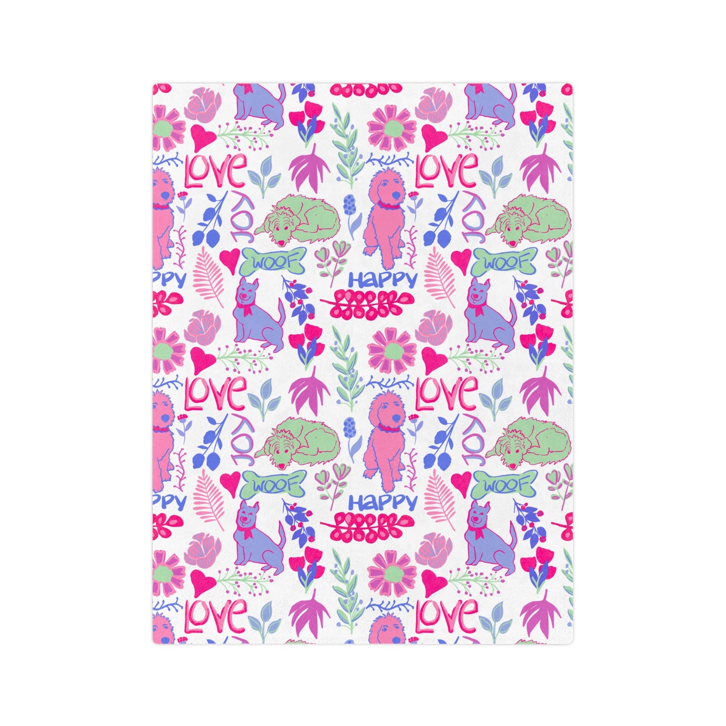 Love & Joy Puppy Pattern Blanket — Velveteen Microfiber Throw