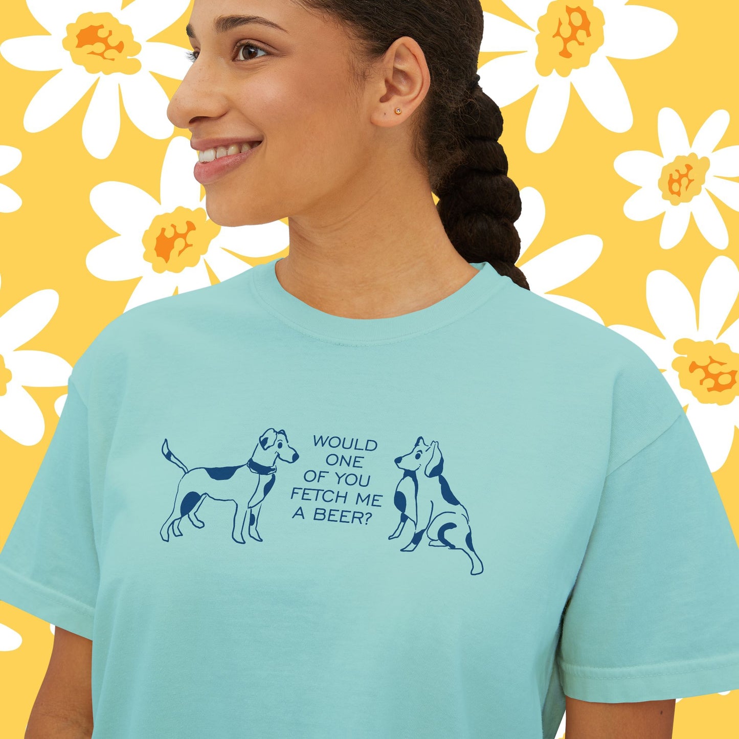 FETCH ME A BEER!  Playful Dog Lover's Boxy Tee, Cute Dog Graphic T-Shirt, Women's Casual Shirt, Gift for Pet Owners, Animal Lover's Apparel