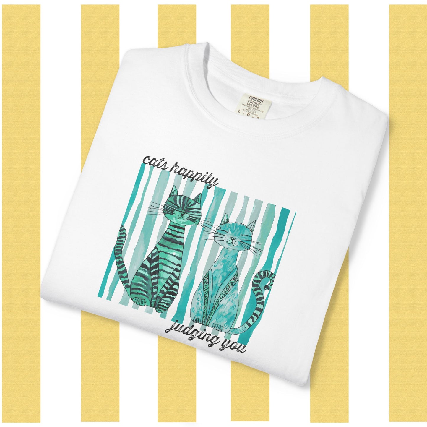 Cat Friends Graphic T-Shirt — "Cats Happily Judging You", Cute Teal Stripe Tee, Unisex