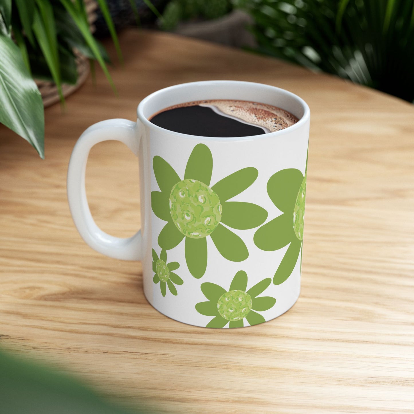 Green Pickleball Daisy Floral Ceramic Mug - Perfect Gift for Garden Lovers, Tea or Coffee Lovers, Mother's Day, Birthdays, Home Decor, Eco-Friendly