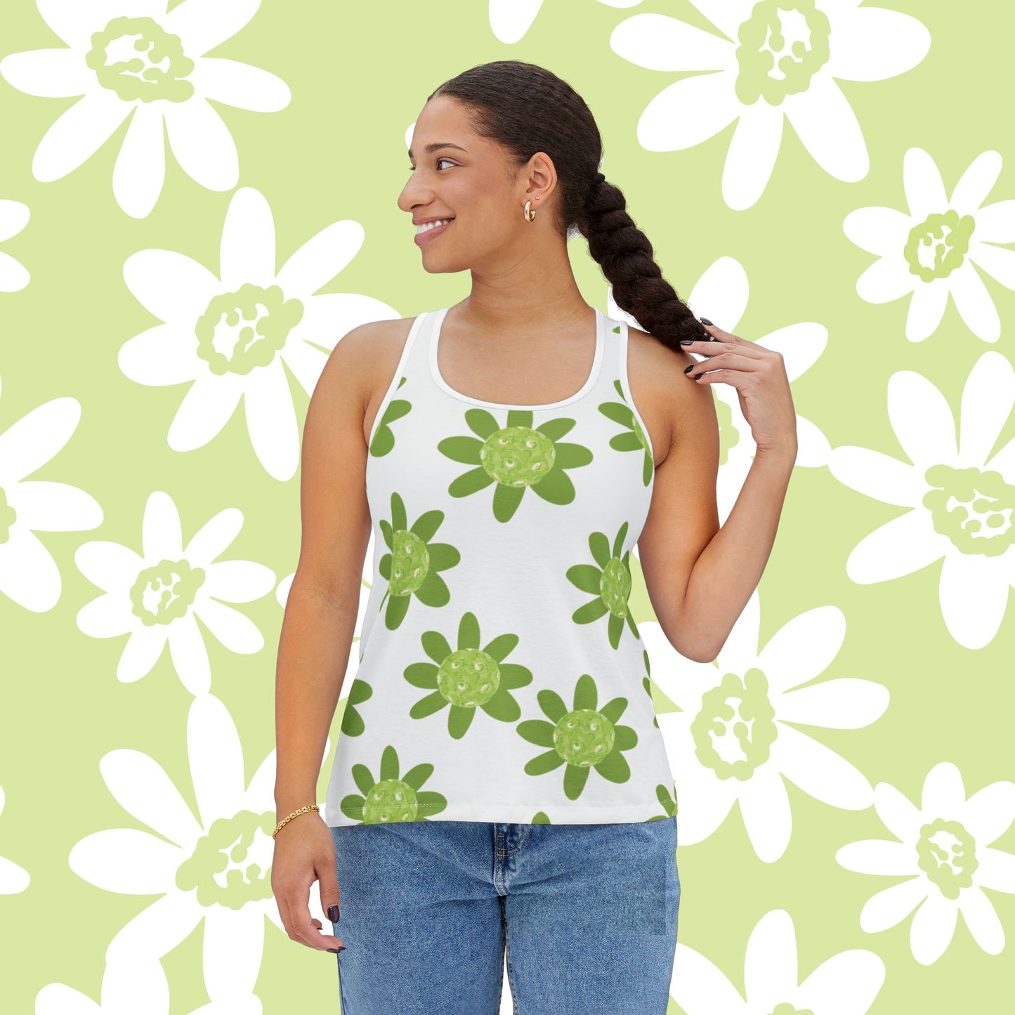 Racerback Tank Top: Green Daisy Pickleball Design, Sports Lover's Gift for Her