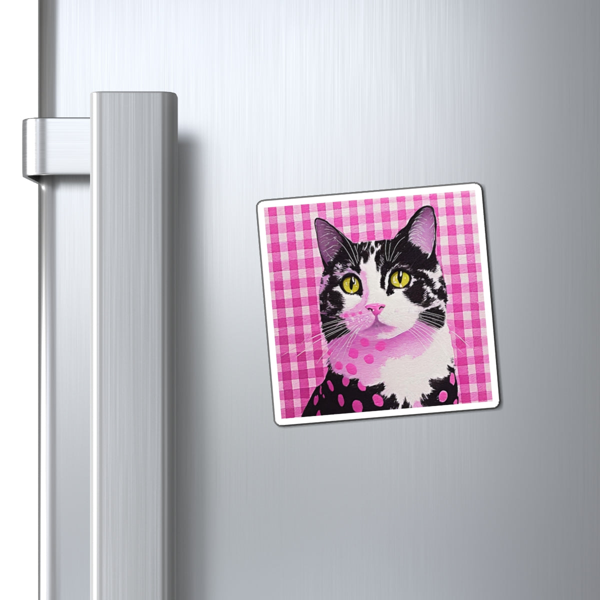 Charming Cat Magnet - Whimsical Pet Decor, Cute Kitchen Accessory, Gifts for Cat Lovers, Pink Gingham Style, Fun Home Decoration