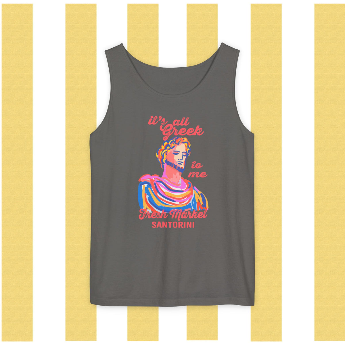 It's All Greek to Me!  Santorini-Inspired Fresh Market Unisex Tank Top, Casual Summer Wear, Beach Vibes, Travel Souvenir, Gift for Her, Vacation Apparel