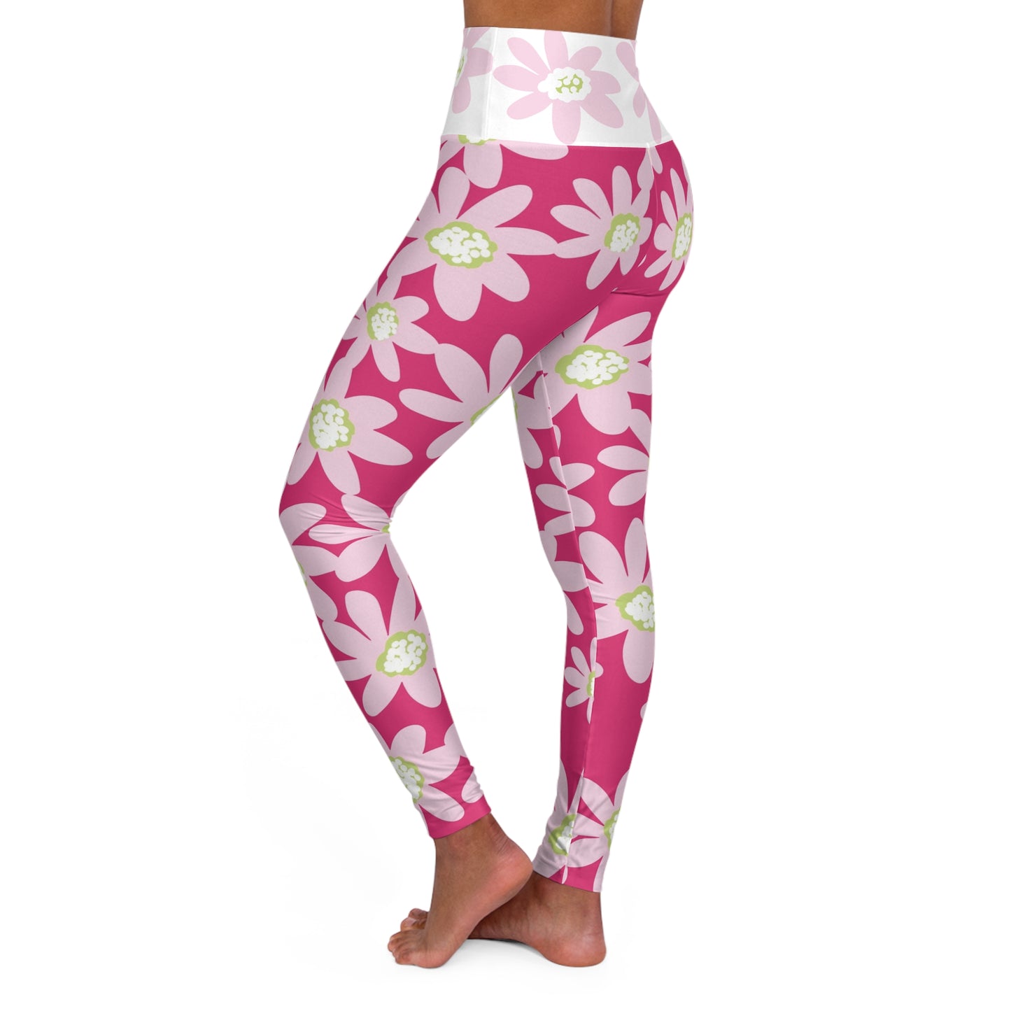 Pink Daisy Floral High Waisted Yoga Leggings, Fitness Leggings, Workout Pants, Activewear, Exercise Leggings, Spring Fashion