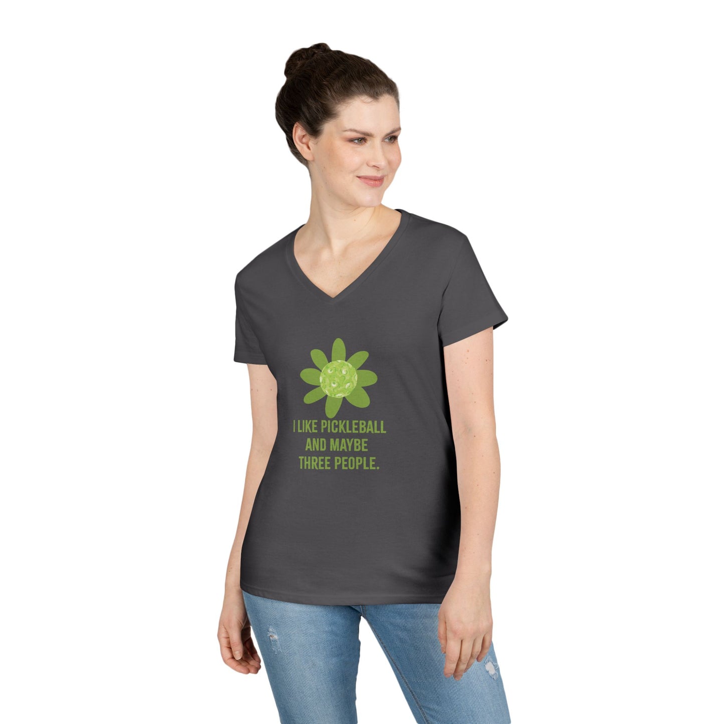 "I like Pickleball and Maybe three People" Humourous Whimsical V-Neck Tee, Fun T-Shirt for Pickleball Lovers , Gift for Friends, Eco-Friendly Apparel, Casual Wear
