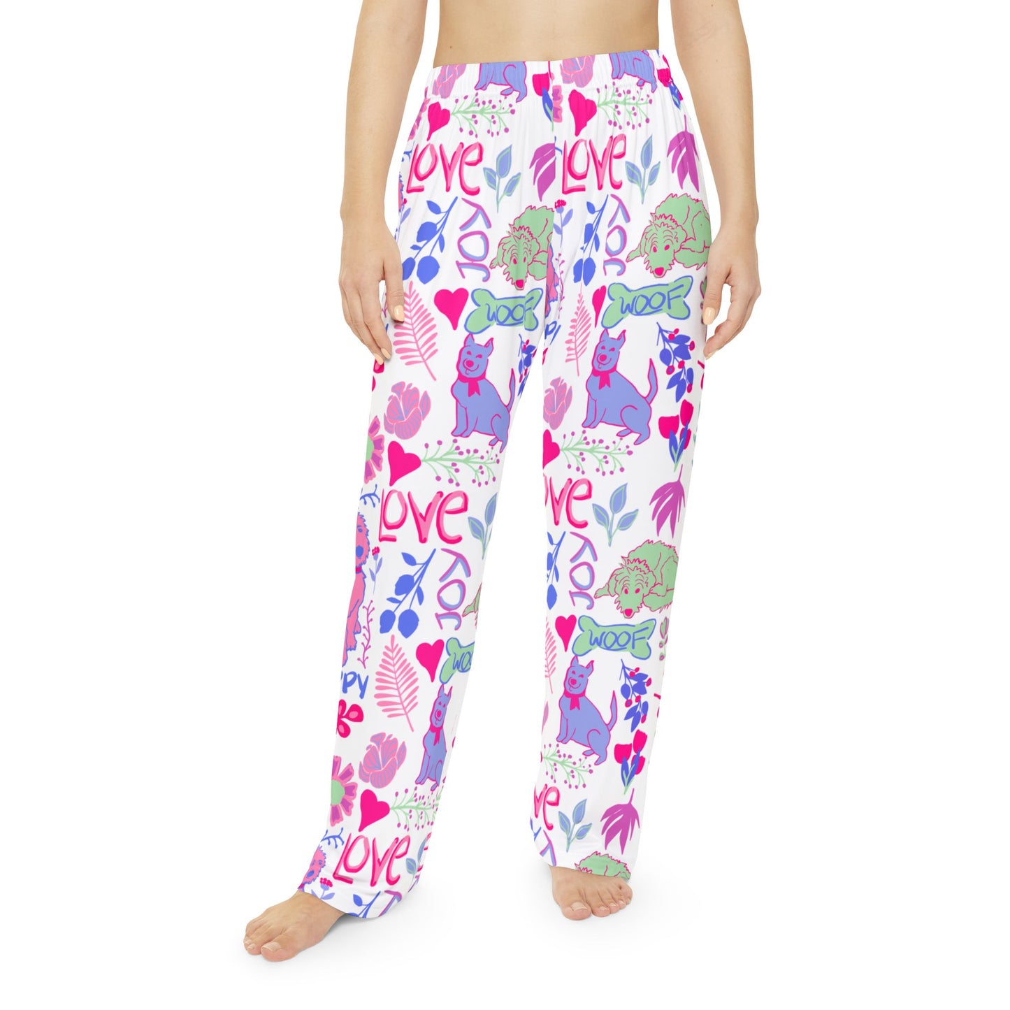 Pajama Pants — Cute Floral & Dog Love All-Over Print Women's Sleep Pants