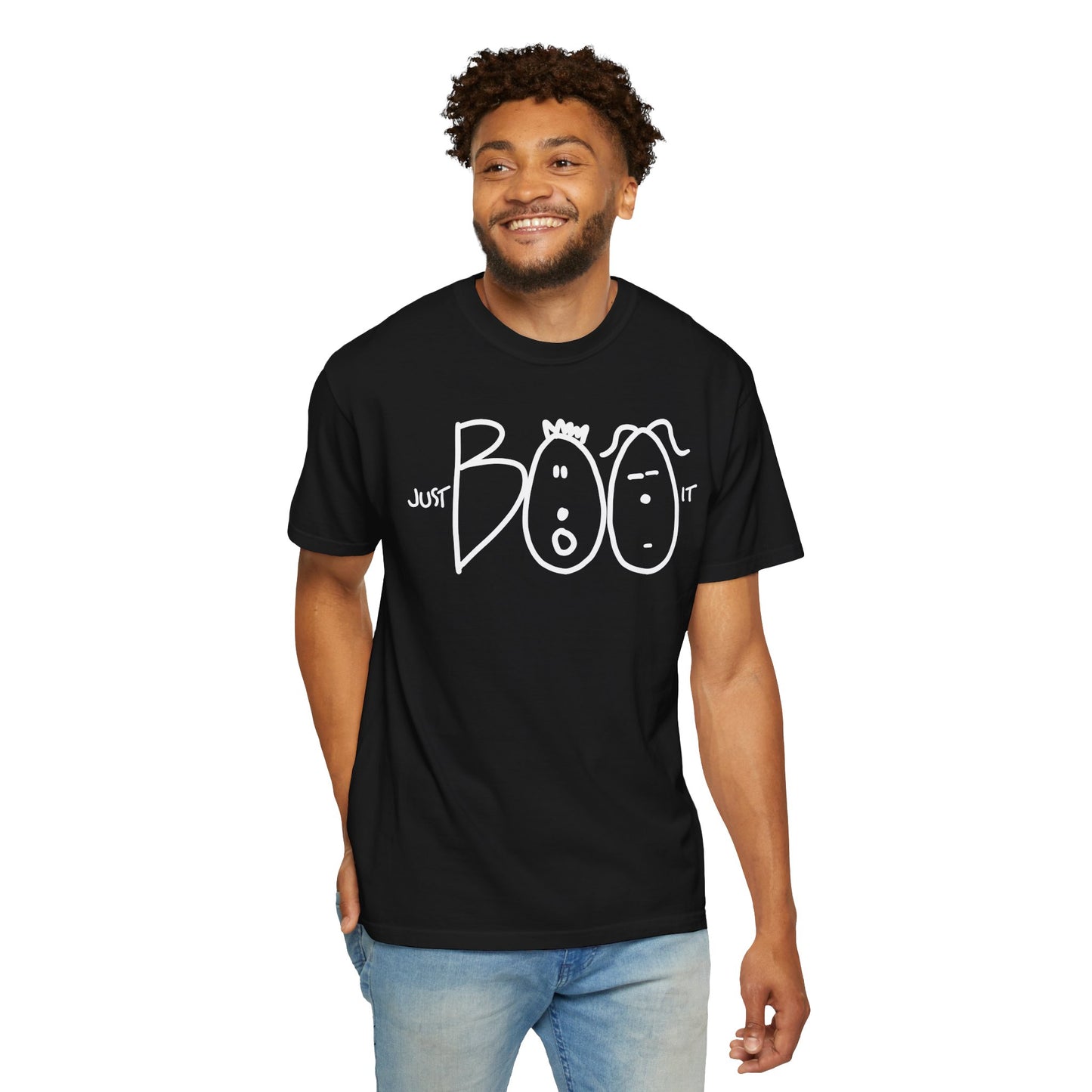 JUST BOO IT....Spooky Unisex Garment-Dyed T-shirt, Halloween Tee, Trendy Graphic Tee, Funny Costume Top, Holiday Apparel, Party Wear